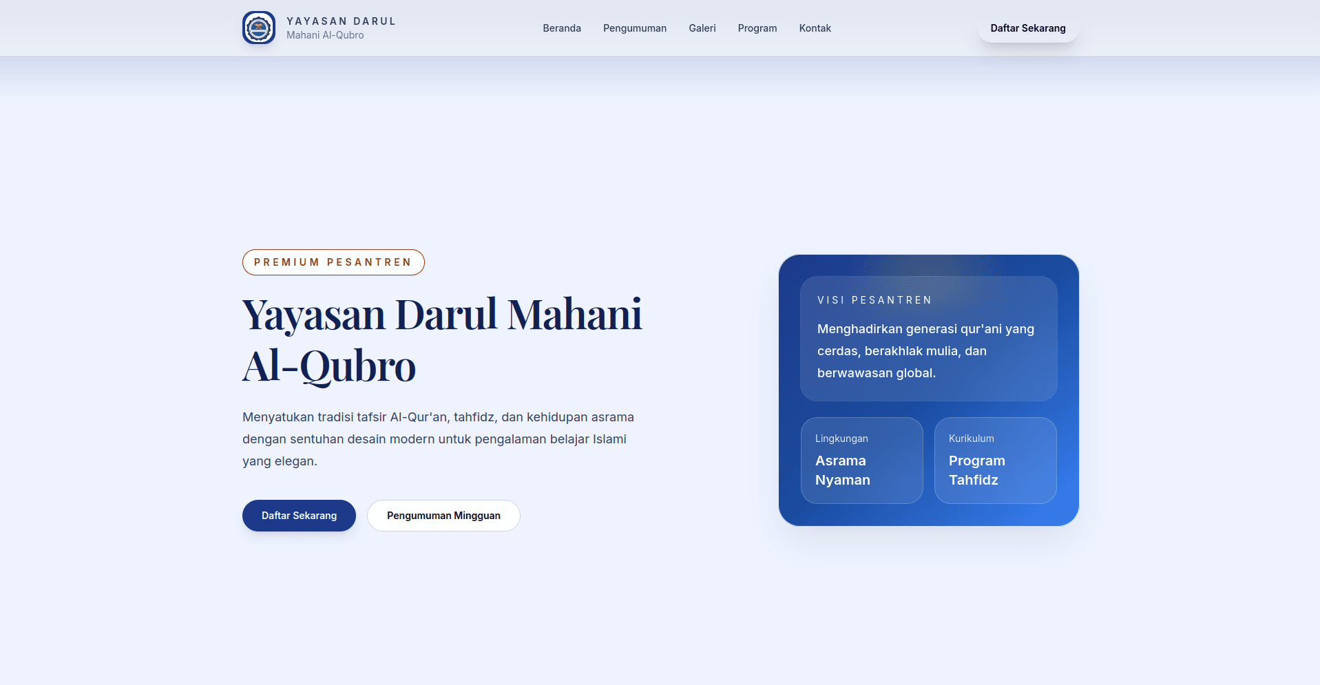 Tampilan Landing Page Rumah Tahfiz